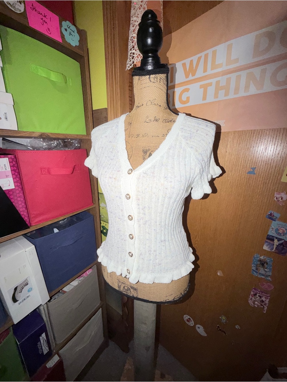 Ribbed Short-Sleeve Button-Front Knit Cardigan - White